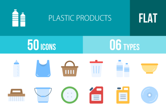 50 Plastic Products Flat Multicolor Icon Graphics & Icons