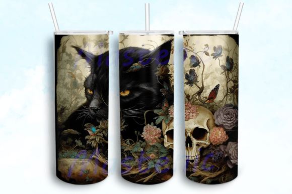 Black Cat & Skull Tumbler Graphics for Crafts
