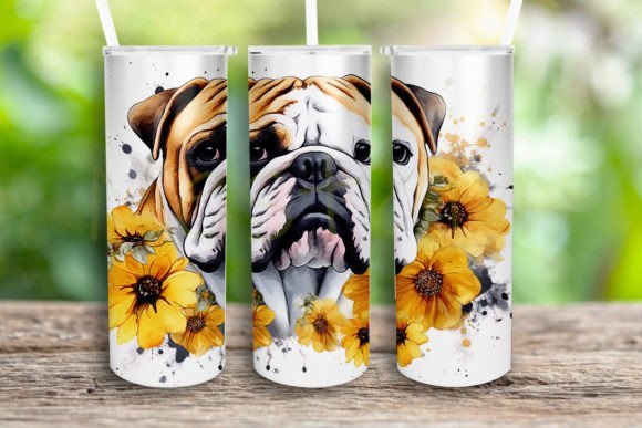 Watercolor Bulldog Sunflowers Graphics for Crafts