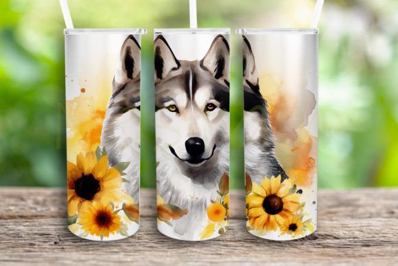 Watercolor Husky Sunflower Tumbler Wrap: Graphics for Crafts
