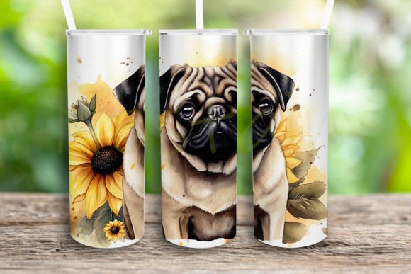 Watercolor Portrait Pug Sunflowers PNG: Graphics for Crafts & Branding